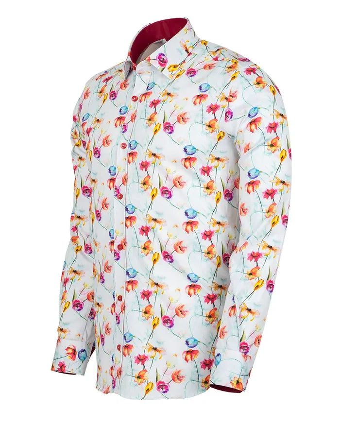 White Colourful Flower Print Shirt with Matching Handkerchief