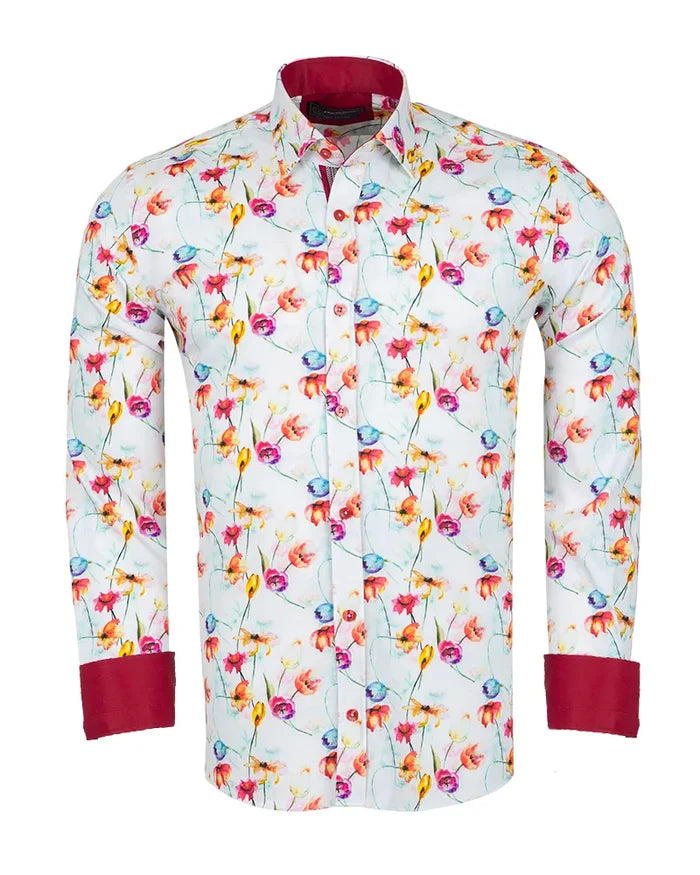 White Colourful Flower Print Shirt with Matching Handkerchief