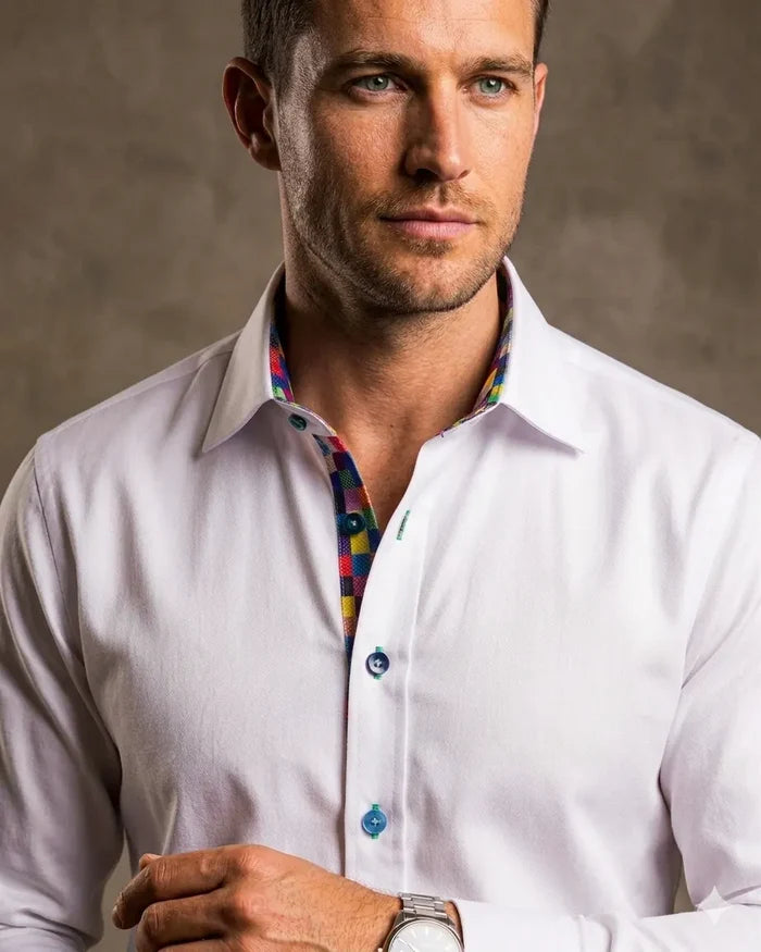 White Dress Shirt with Colourful Inner Collar and Cuff Detail