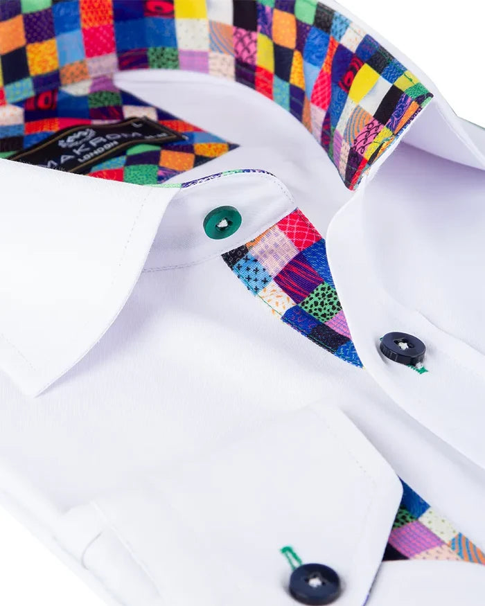 White Dress Shirt with Colorful Inner Collar and Cuff Detail-Makrom