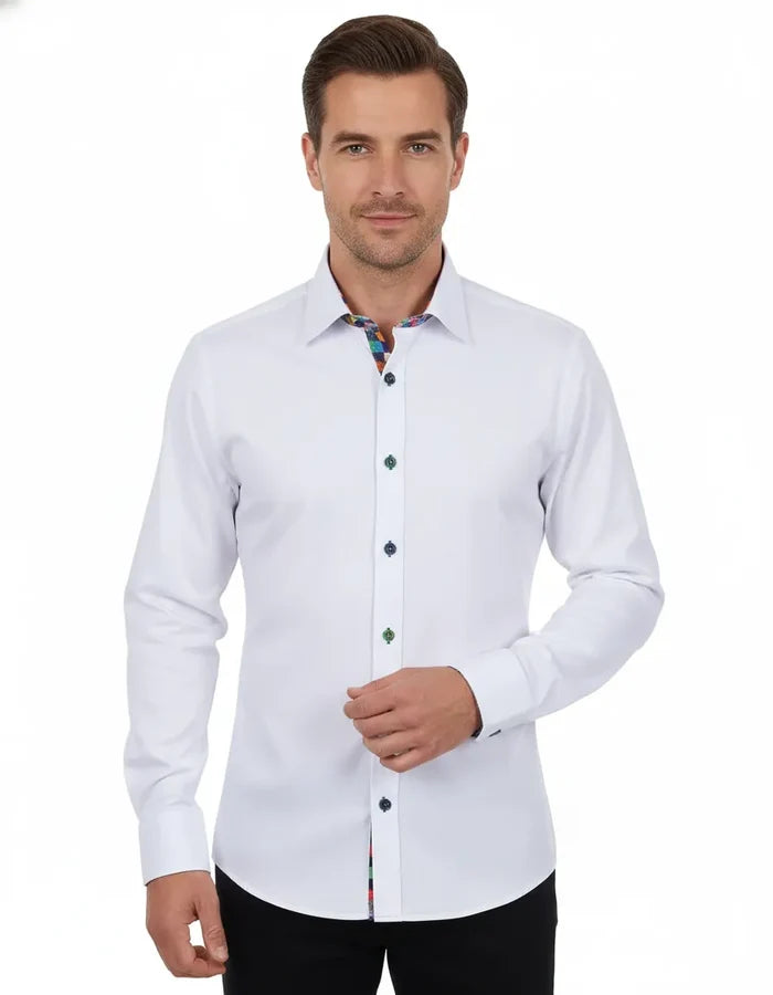 White Dress Shirt with Colorful Inner Collar and Cuff Detail-Makrom