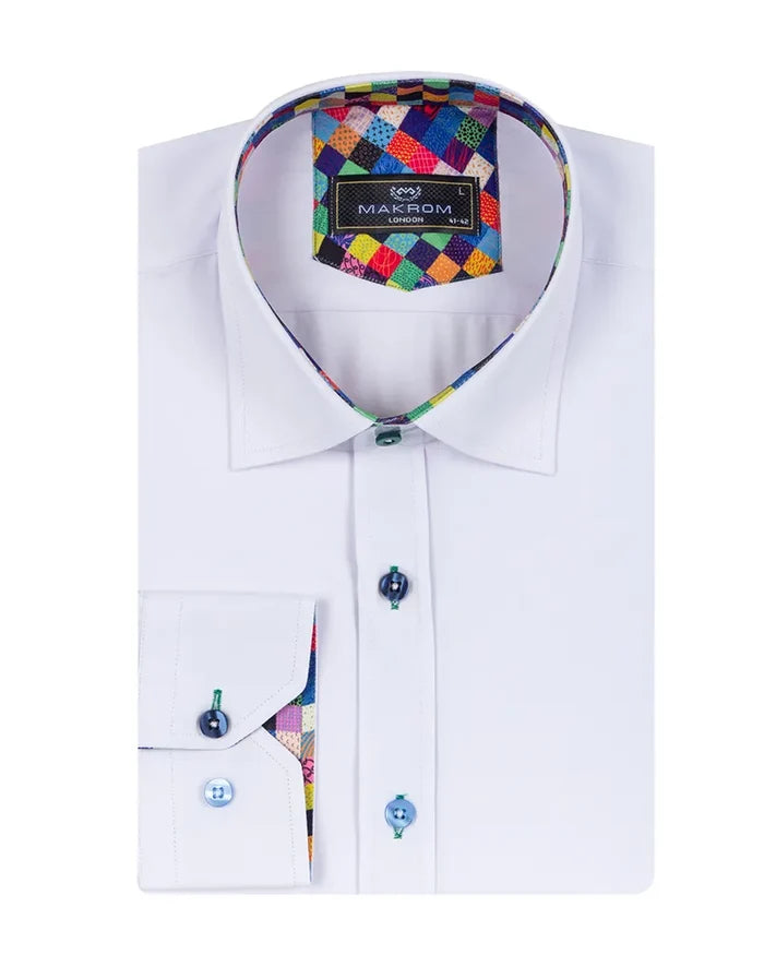 White Dress Shirt with Colorful Inner Collar and Cuff Detail-Makrom