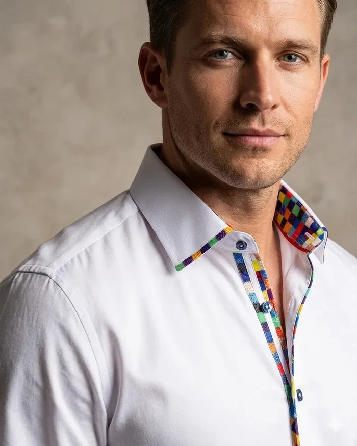 White Fashion Shirt with Multicolour Collar Tip Design