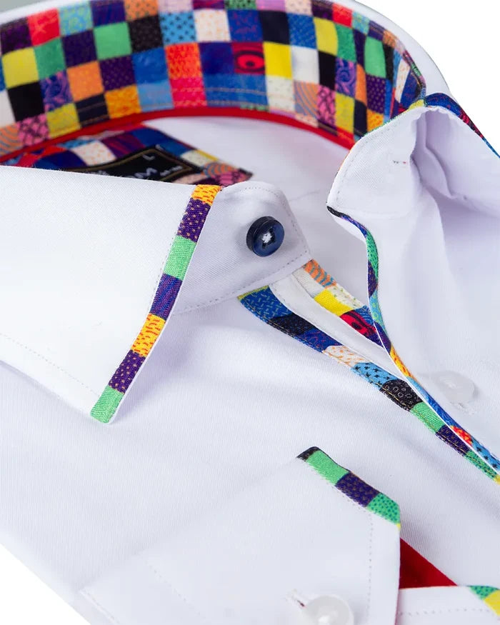 White Fashion Shirt with Multicolour Collar Tip Design-Makrom