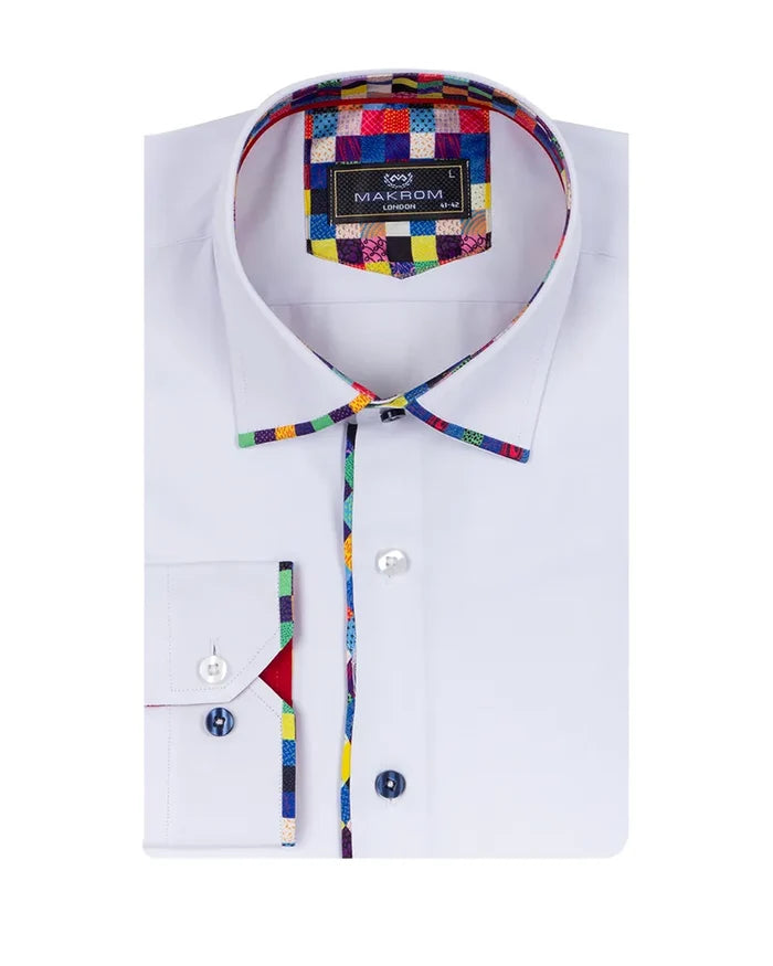 White Fashion Shirt with Multicolour Collar Tip Design-Makrom