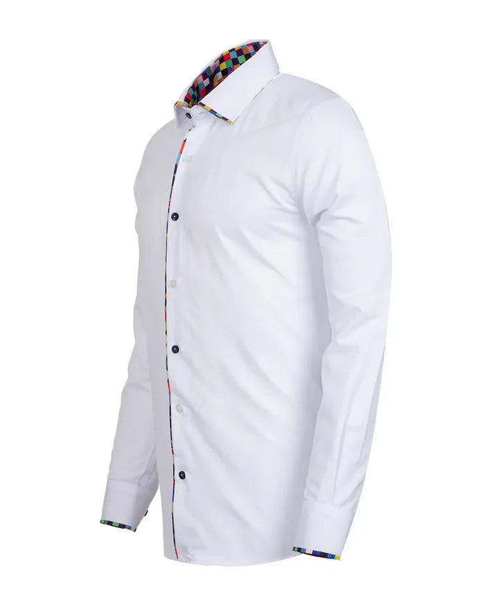 White Fashion Shirt with Multicolour Collar Tip Design-Makrom