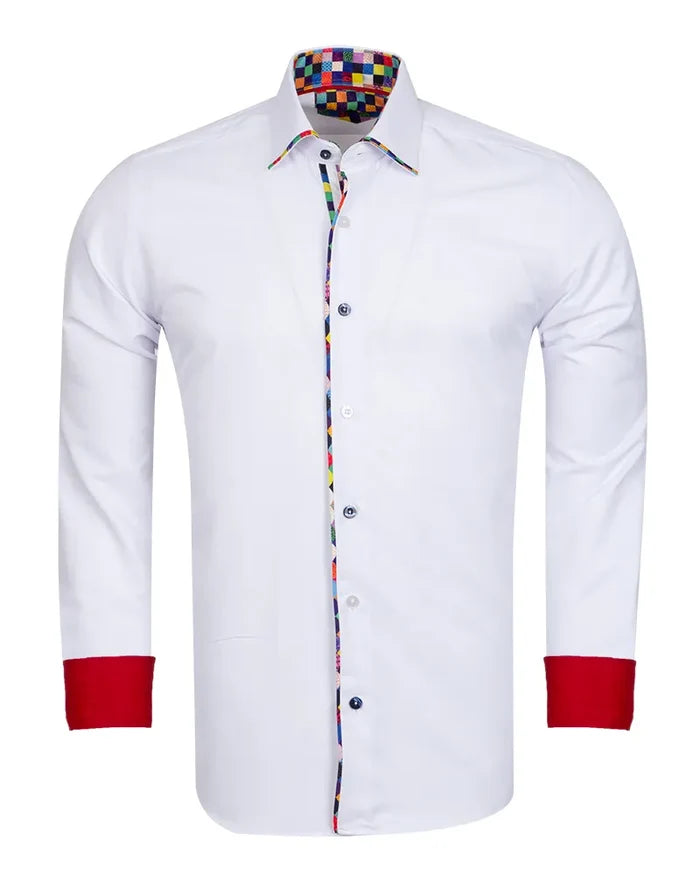 White Fashion Shirt with Multicolour Collar Tip Design-Makrom