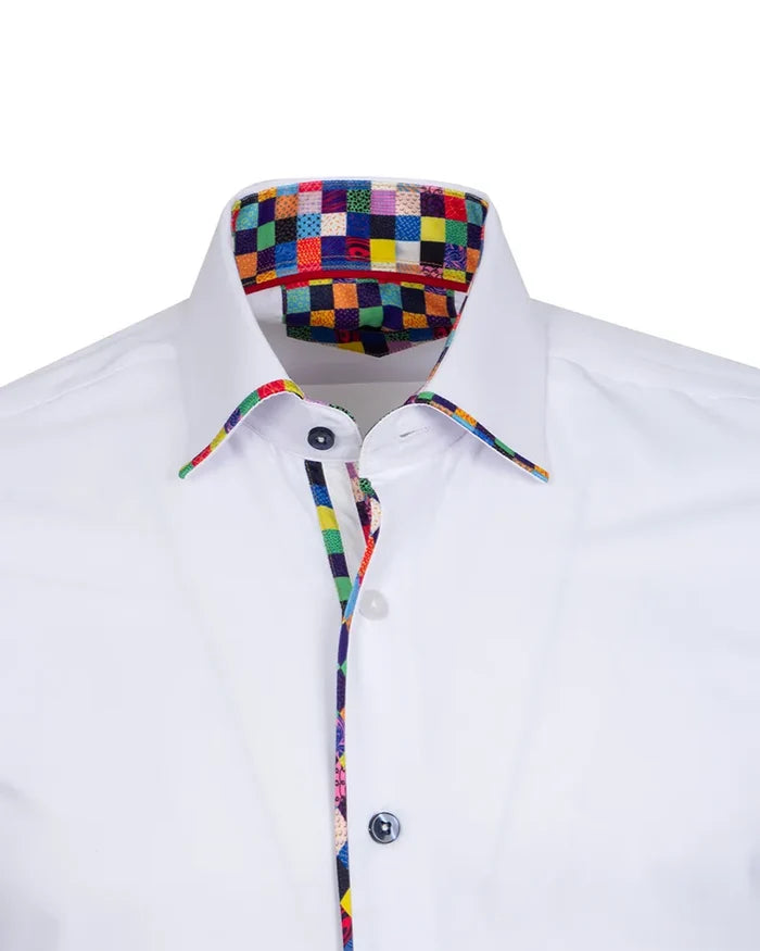 White Fashion Shirt with Multicolour Collar Tip Design-Makrom