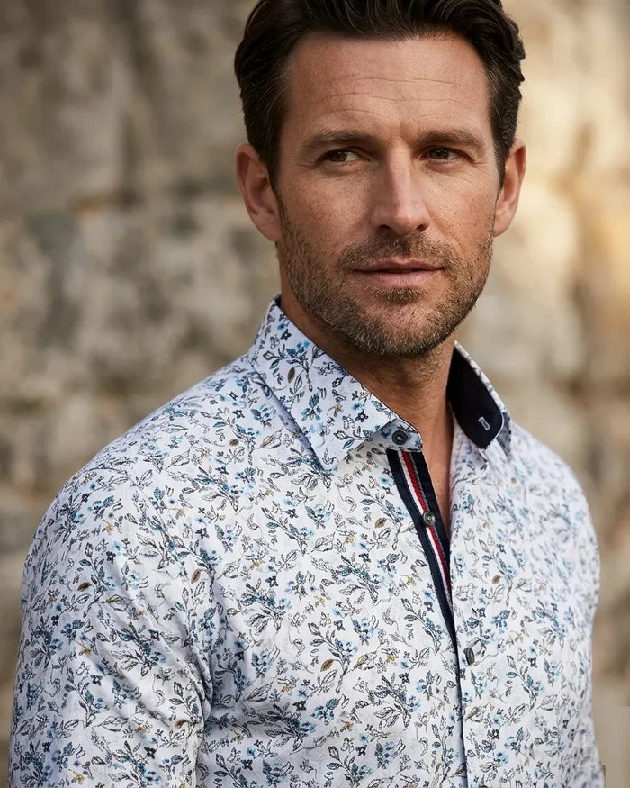 White Flower Print Shirt with Matching Handkerchief