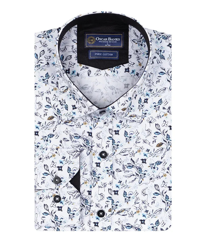 White Flower Print Shirt with Matching Handkerchief