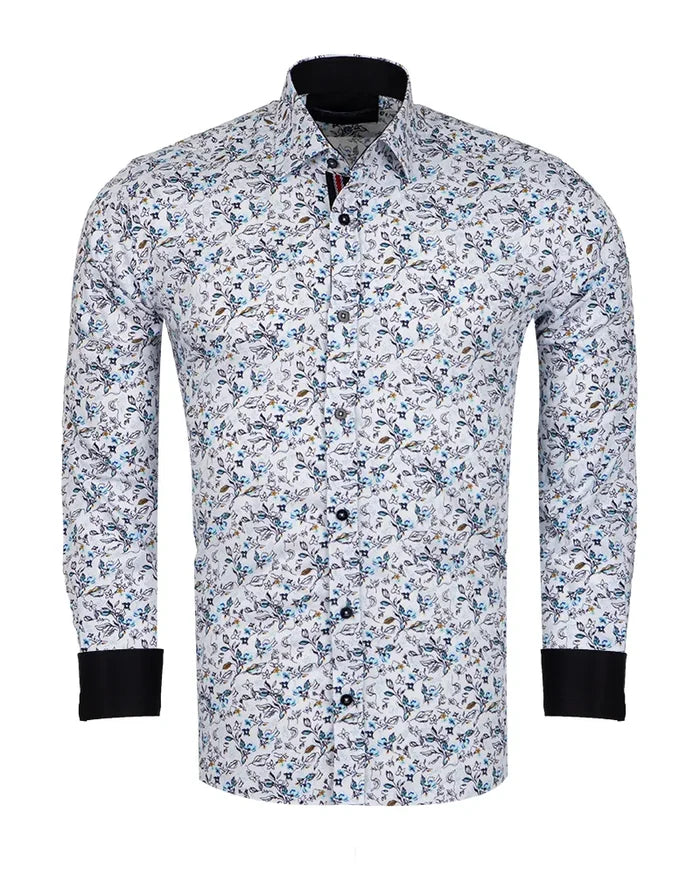 Floral patterned shirt with black cuffs and collar on a white background