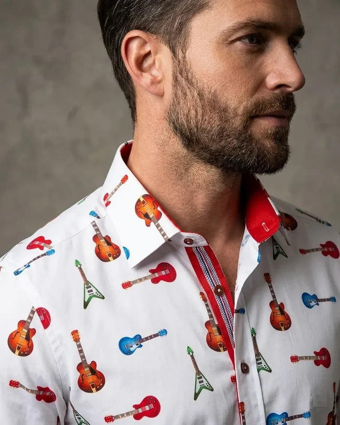 White Guitar Print Shirt with Matching Handkerchief