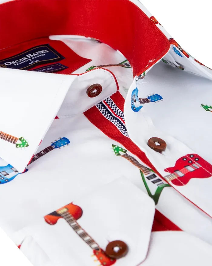 White Guitar Print Shirt with Matching Handkerchief-Makrom