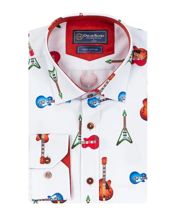 White Guitar Print Shirt with Matching Handkerchief-Makrom
