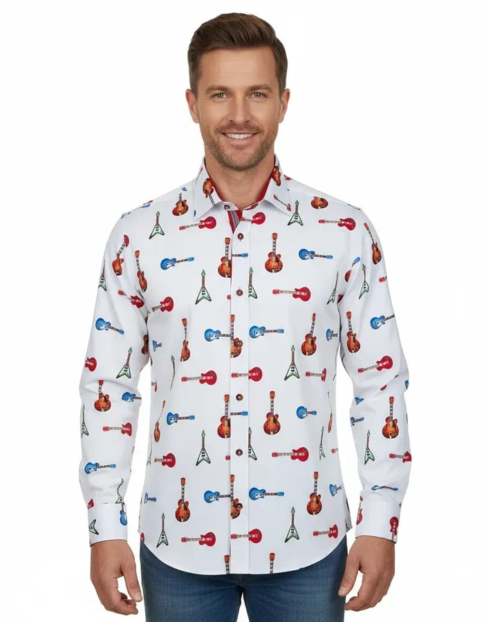 White Guitar Print Shirt with Matching Handkerchief-Makrom