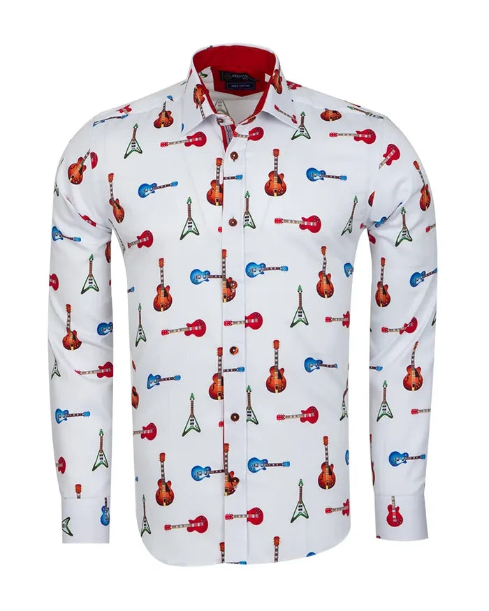 White Guitar Print Shirt with Matching Handkerchief-Makrom