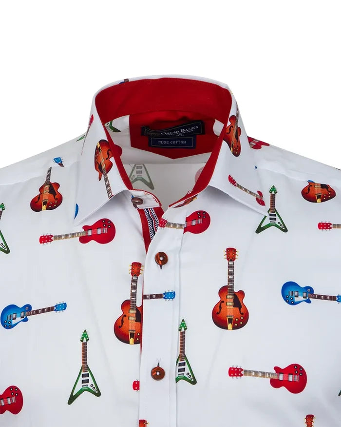 White Guitar Print Shirt with Matching Handkerchief-Makrom