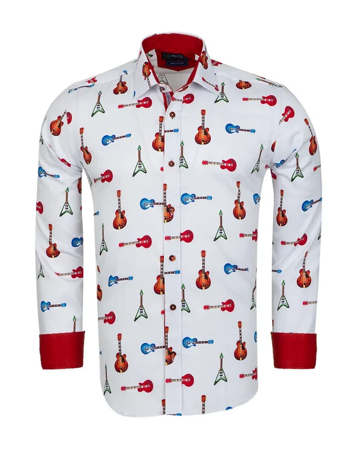 White Guitar Print Shirt with Matching Handkerchief-Makrom