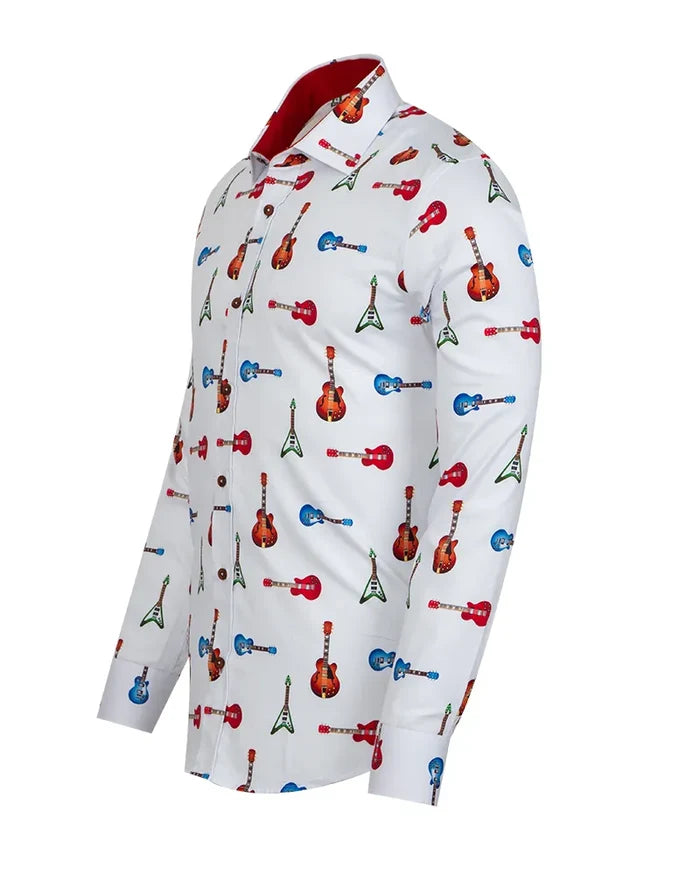 White Guitar Print Shirt with Matching Handkerchief-Makrom