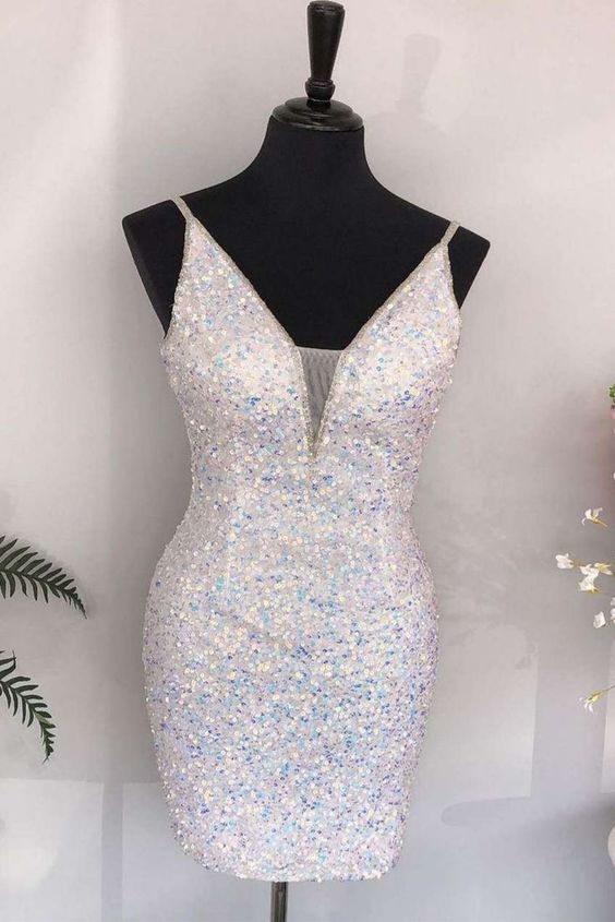 White Homecoming Dress 2023 Short Tight Sequin Spaghetti Straps Sparkly