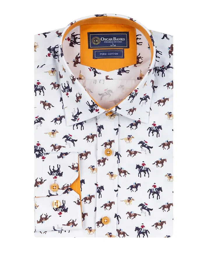 White Horse Print Shirt with Matching Handkerchief-Makrom
