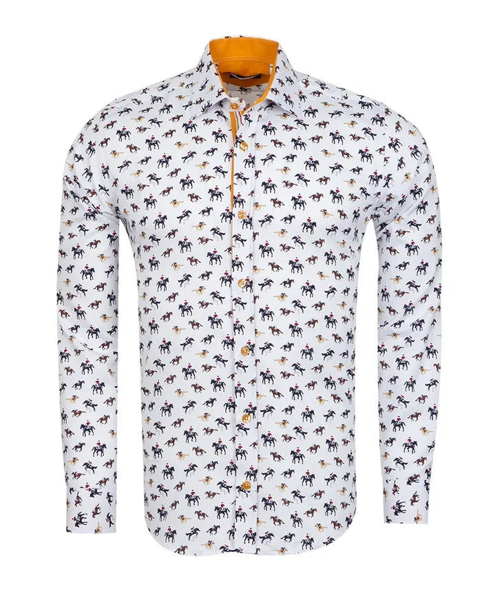 White Horse Print Shirt with Matching Handkerchief-Makrom