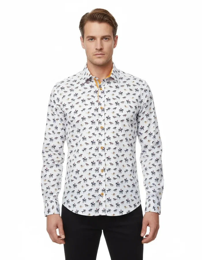 White Horse Print Shirt with Matching Handkerchief-Makrom