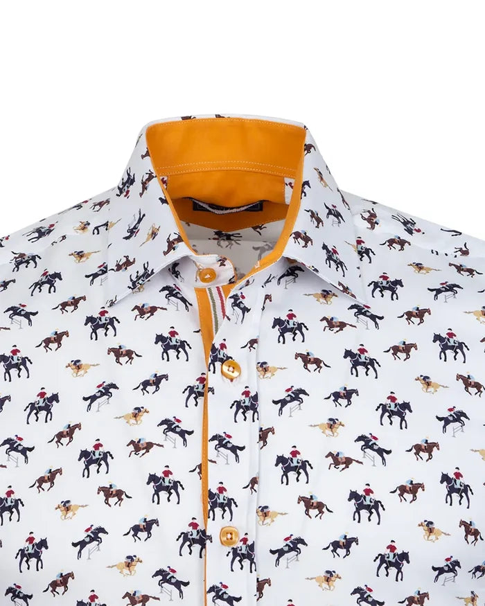 White Horse Print Shirt with Matching Handkerchief-Makrom