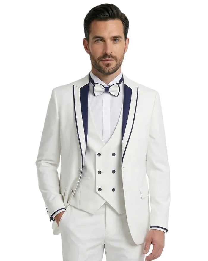 White Men's 4 Piece Wedding Suit Contrasting Lapel-Makrom