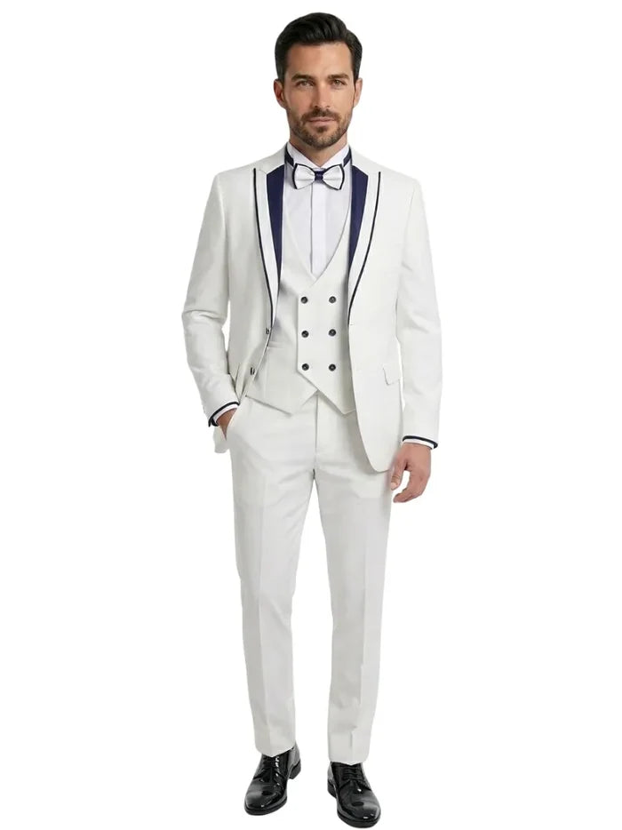 White Men's 4 Piece Wedding Suit Contrasting Lapel-Makrom