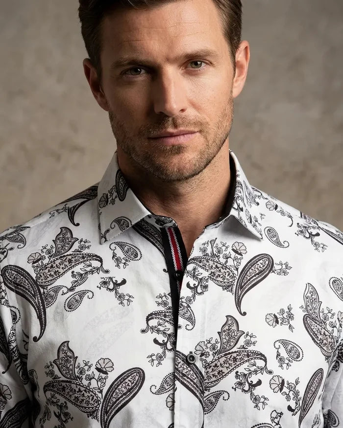 White Paisley Print Long Sleeve Shirt