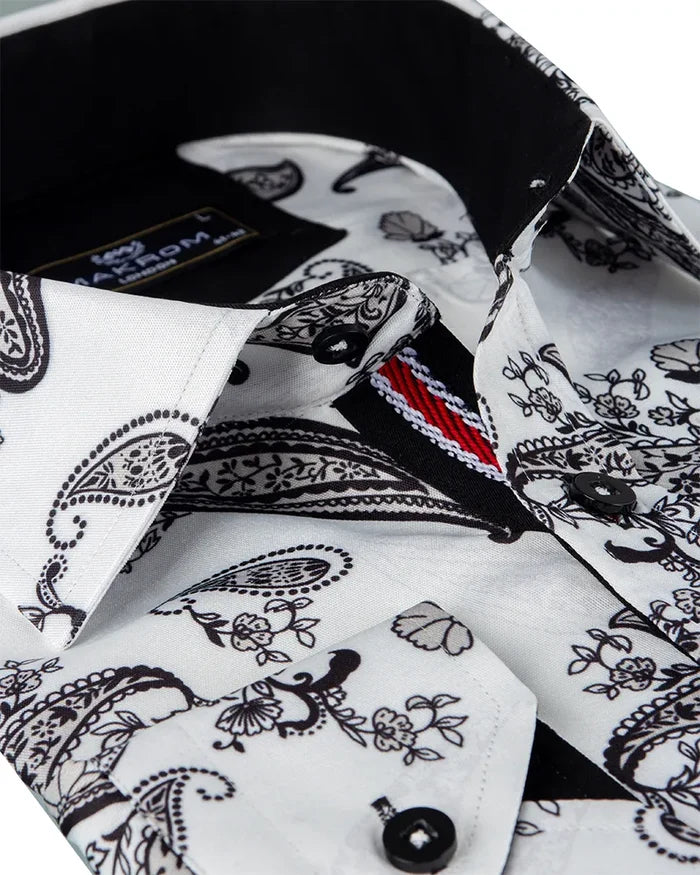White Paisley Print Long Sleeve Shirt-Makrom