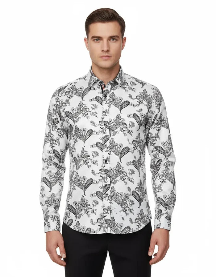 White Paisley Print Long Sleeve Shirt-Makrom