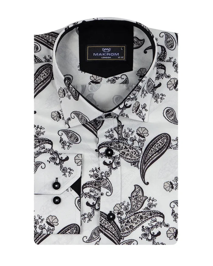 White Paisley Print Long Sleeve Shirt-Makrom