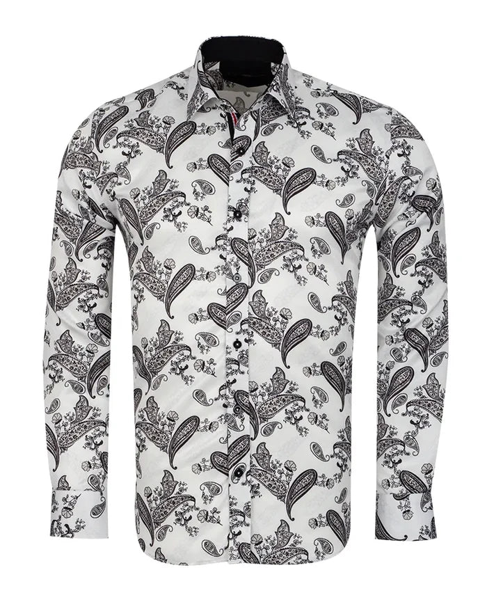 White Paisley Print Long Sleeve Shirt-Makrom