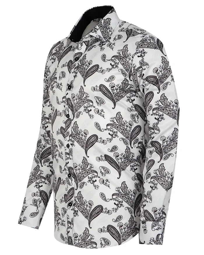 White Paisley Print Long Sleeve Shirt-Makrom