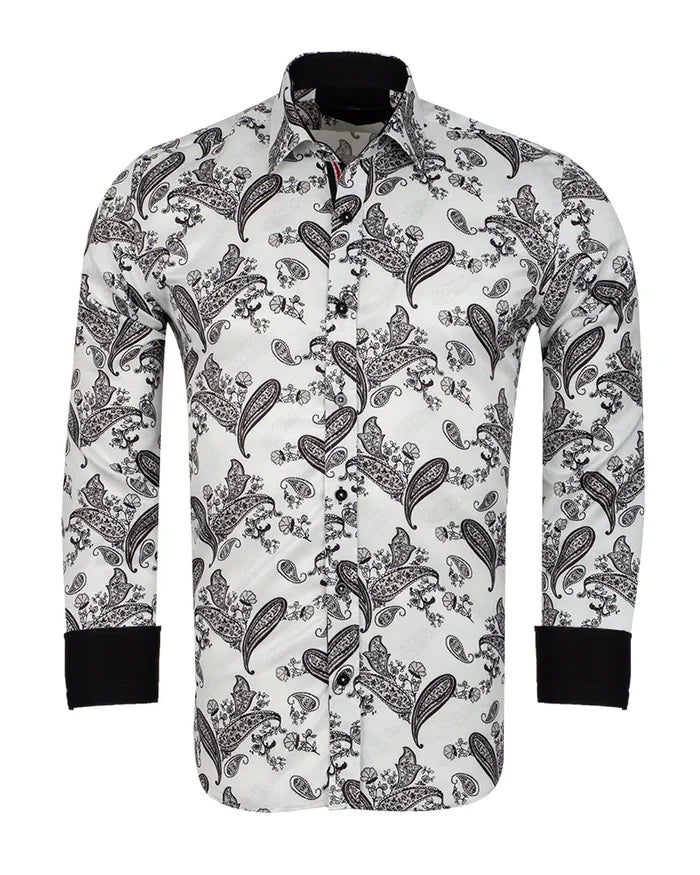 White Paisley Print Long Sleeve Shirt-Makrom