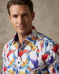 White Parrot Print Shirt with Matching Handkerchief