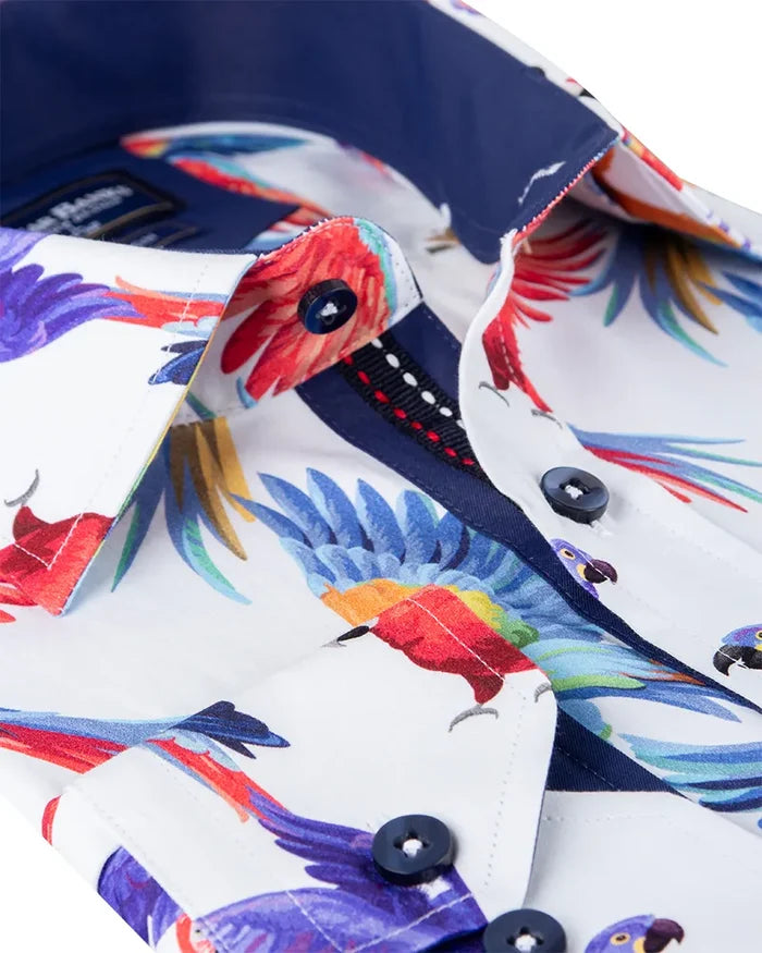 White Parrot Print Shirt with Matching Handkerchief-Makrom