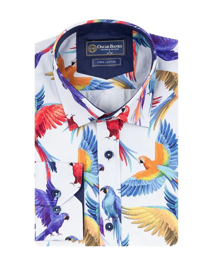 White Parrot Print Shirt with Matching Handkerchief-Makrom