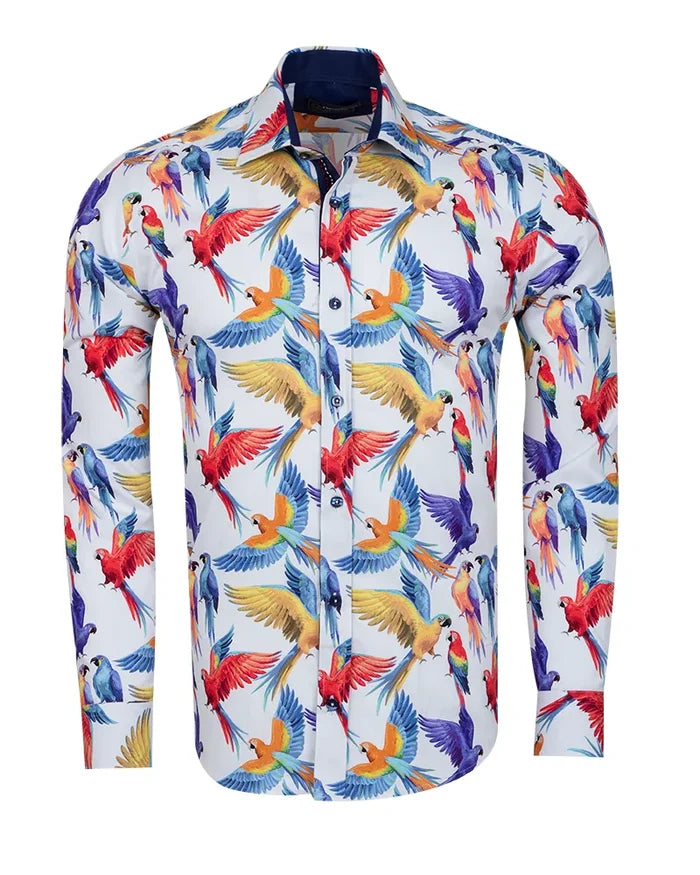White Parrot Print Shirt with Matching Handkerchief-Makrom