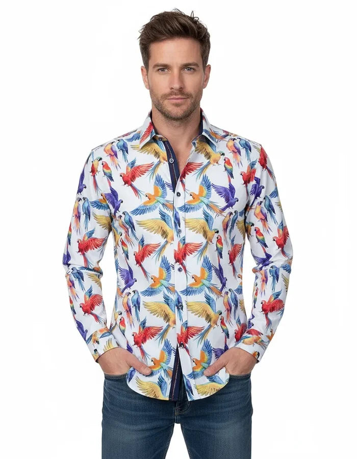 White Parrot Print Shirt with Matching Handkerchief-Makrom