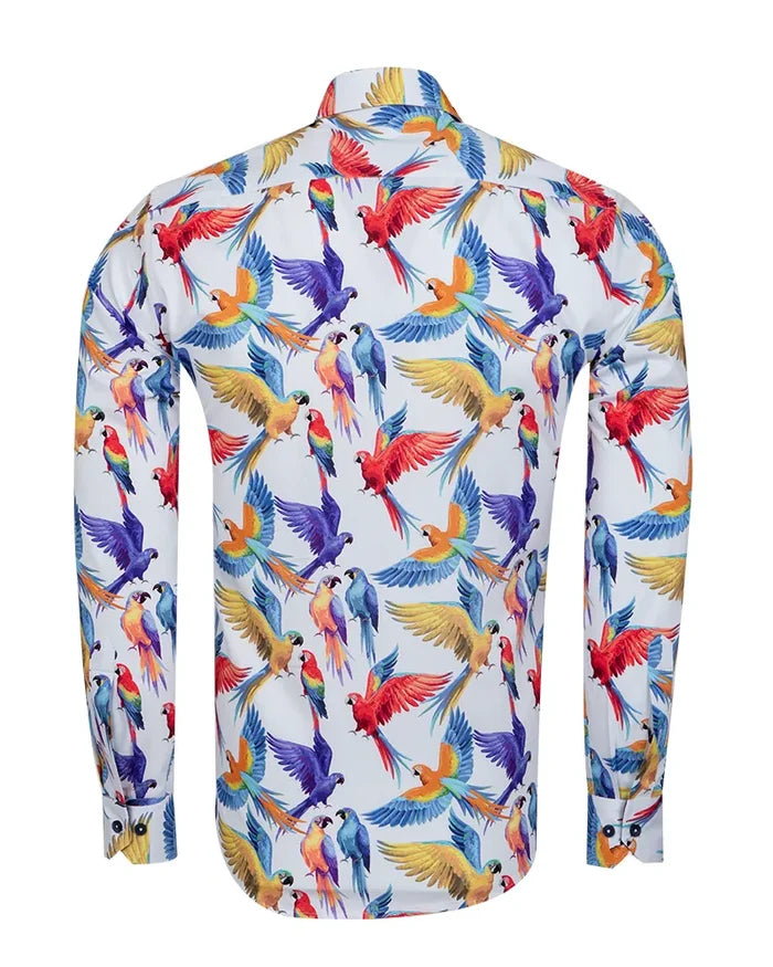 White Parrot Print Shirt with Matching Handkerchief-Makrom