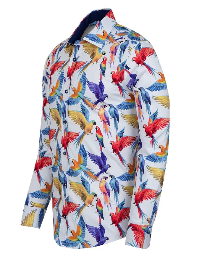 White Parrot Print Shirt with Matching Handkerchief-Makrom