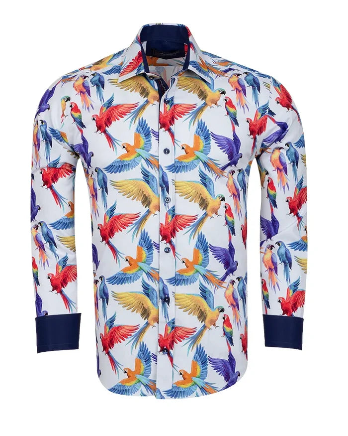 White Parrot Print Shirt with Matching Handkerchief-Makrom