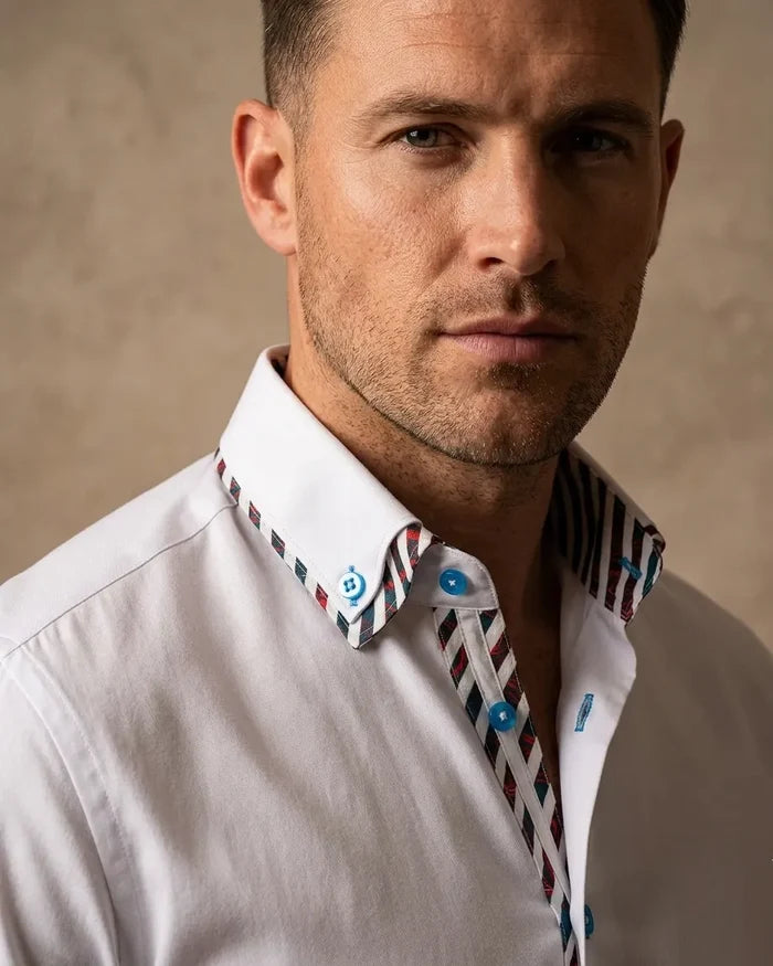 White Plain Contrast Stripe Collar and Cuffs Long Sleeve Shirt