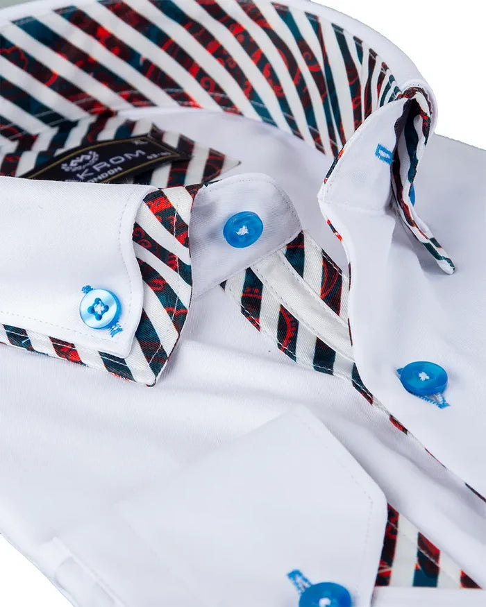 White Plain Contrast Stripe Collar and Cuffs Long Sleeve Shirt-Makrom