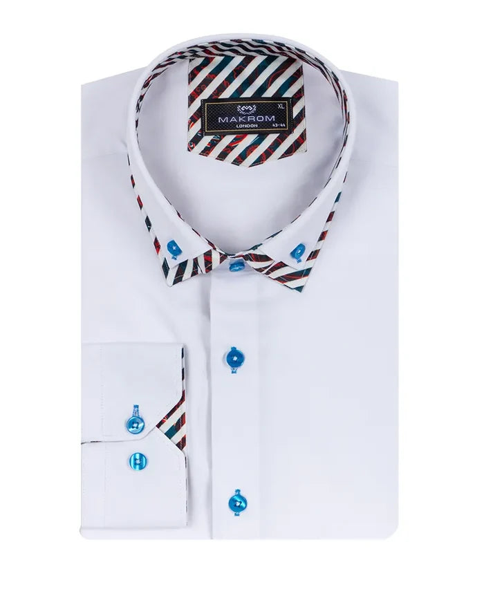 White Plain Contrast Stripe Collar and Cuffs Long Sleeve Shirt-Makrom