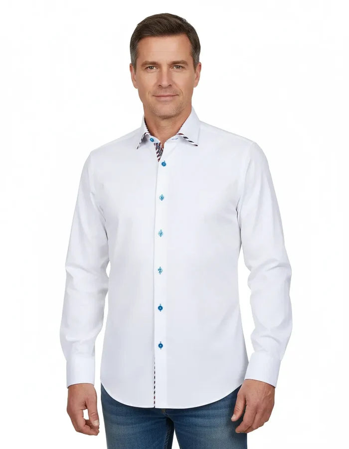 White Plain Contrast Stripe Collar and Cuffs Long Sleeve Shirt-Makrom