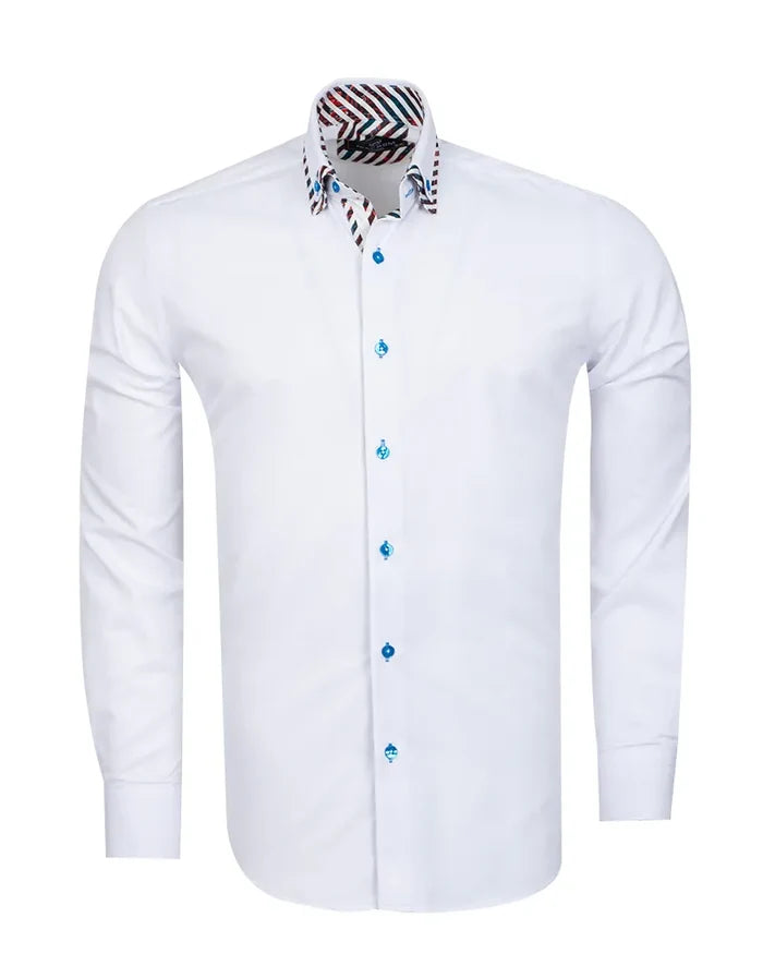 White Plain Contrast Stripe Collar and Cuffs Long Sleeve Shirt-Makrom